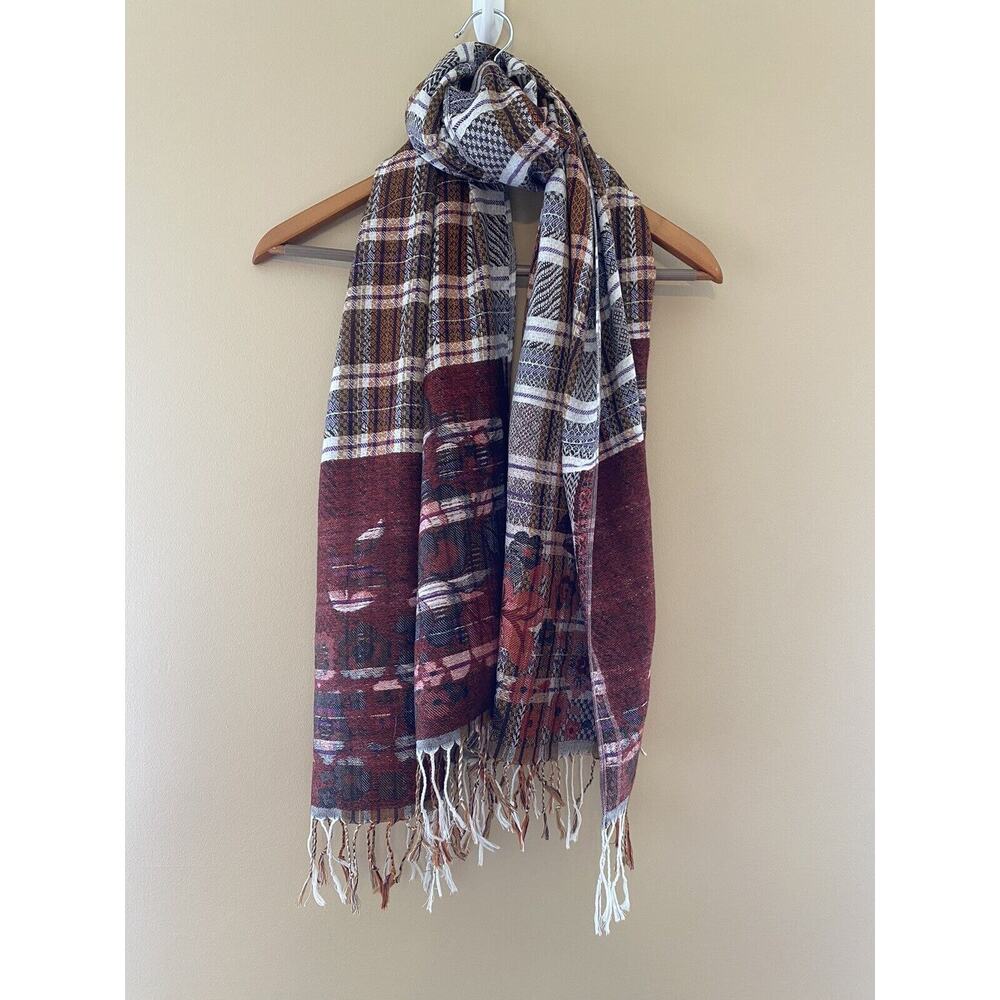 Pashmina Cashmere Wool Scarf Red Design Fringe NWOT 27”x 67”